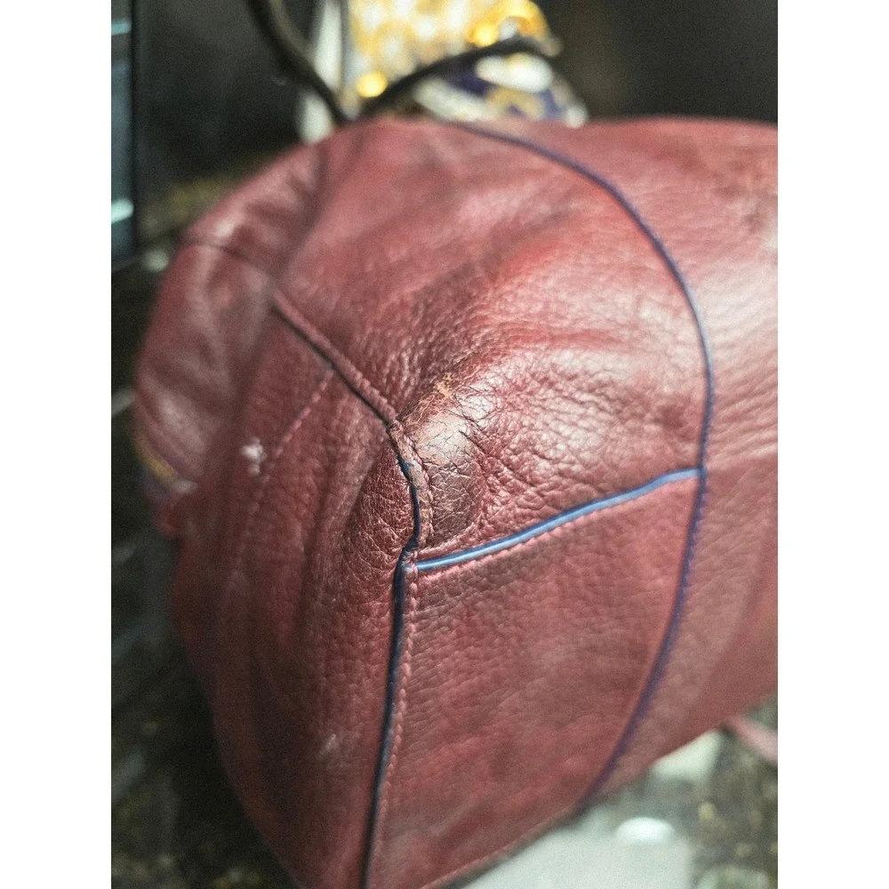 Tory Burch Brody Satchel Large Burgundy Pebbled Leather Gold Logo Duffel Bag